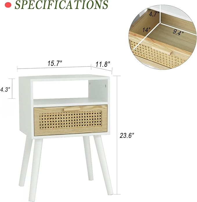 MaxSmeo Nightstand with Charging Station, Bedside Tables with Rattan Drawer, Mid Century Modern Nightstand, End Table for Living Room, Bedroom and Small Spaces, Easy Assembly (White)