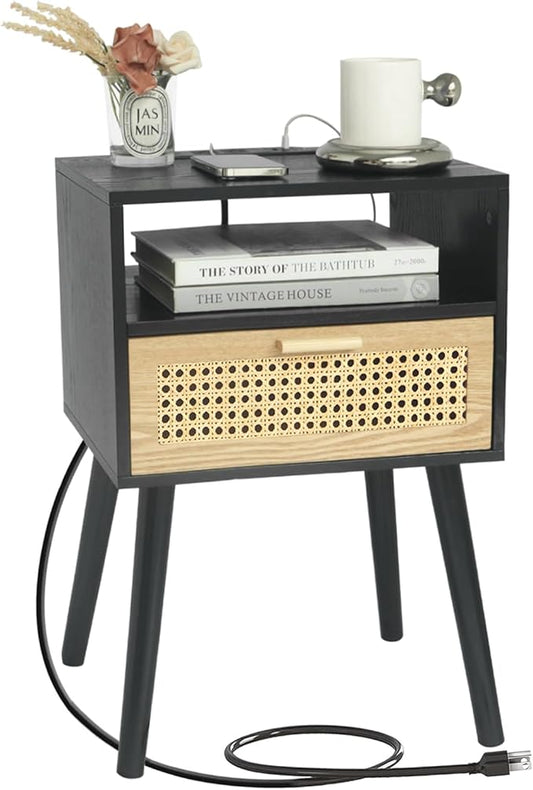 MaxSmeo Mid Century Modern Nightstand with Charging Station, Bedside Tables with Rattan Drawer, Small Wood Nightstand Side Table for Living Room,Bedroom (Black)