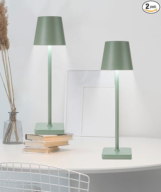 HASUN 2 Pack Cordless Table Lamp, Portable LED Desk Lamp, 5200mAh Battery Operated Lights, 3 Color Stepless Dimming Up, Night Light for Bedroom/Date/Bars/Cafe/Camping (Green 2Pack)