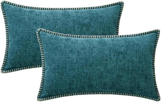 MIULEE Pack of 2 Couch Throw Pillow Covers 12x20 Inch Dark Teal Farmhouse Decorative Pillow Covers with Stitched Edge Soft Chenille Solid Dyed Spring Pillow Covers for Sofa Bed Living Room