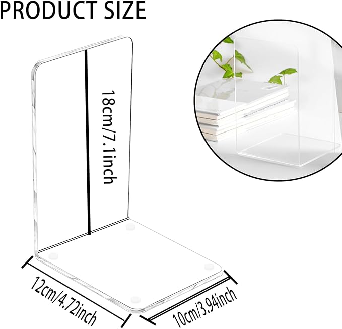 Lulonpon 8 Pieces Book Ends, Bookends, Books Stand, Books Stoppper, Clear Bookend for Shelves, Acrylic Book Ends for School, Library, Desktop Organizer ﻿