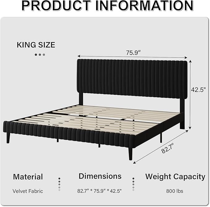 King Size Bed Frame, Velvet Upholstered Platform Bed with Vertical Channel Tufted Headboard and Footboard, No Box Spring Required, Easy Assembly, Black