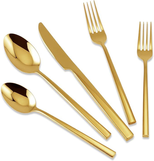Stainless Steel Flatware Set Hand Forged 18/10 Silverware Set Cutlery Set Gold Cuboid Handle Mirror Finished 20 Pieces Service for 4