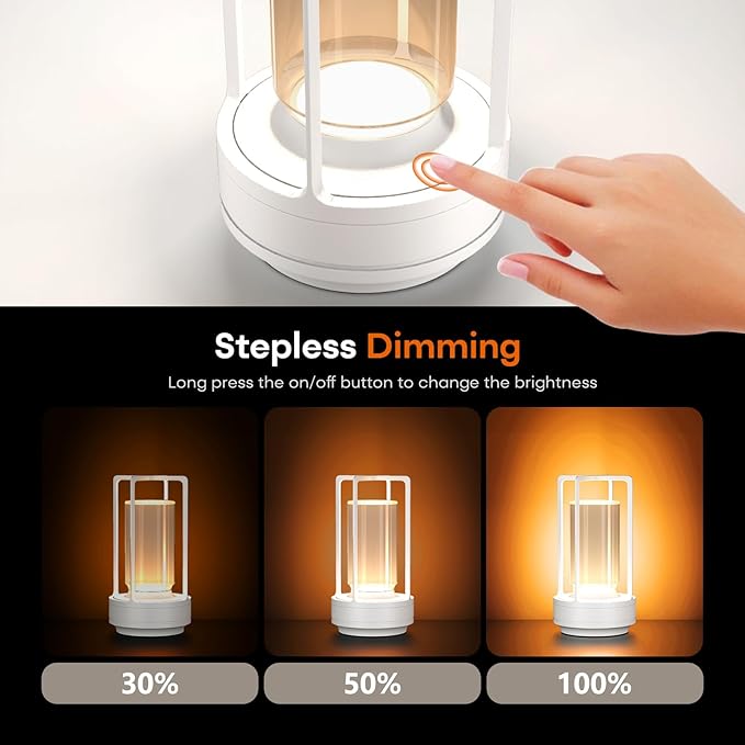 Portable Metal Table Lamp for Indoor/Outdoor ,Rechargeable Cordless LED Lamp, 3-Colour Infinitely Dimming Battery Powered Small Desk Lamp, Restaurant/Bedroom/Bar/Coffee Shop/Camping Light (White)