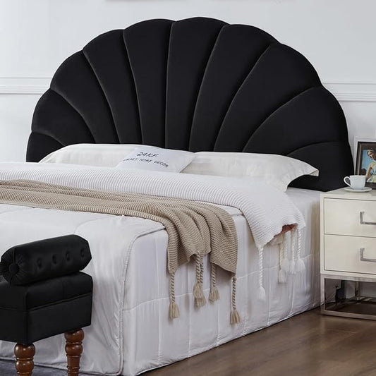 24KF Stunning Crown Design King Headboard, Upholstered Soft Velvet Petal Pattern Headboard King/CA King-Black