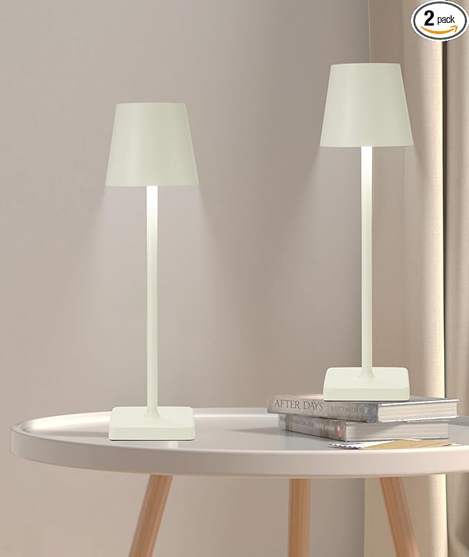 HASUN 2 Pack Cordless Table Lamp, Portable LED Desk Lamp, 5200mAh Battery Operated Lights, 3 Color Stepless Dimming Up, Night Light for Bedroom/Date/Bars/Cafe/Camping (Cream 2Pack)