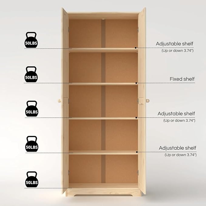Pantry Cabinet Storage Cabinet with 2 Doors Solid Wood - Adjustable Shelves for Kitchen, Dining Room, or Utility Room Organization