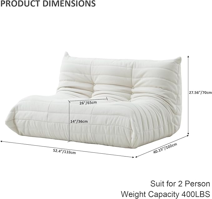 Luxury Sofa Couch Chair, Lazy Floor Seating, Fireside Bean Bag Chair, Ergonomic Tatami Sofa Lounger for Living Room, Bedroom, Office, Loveseat, White