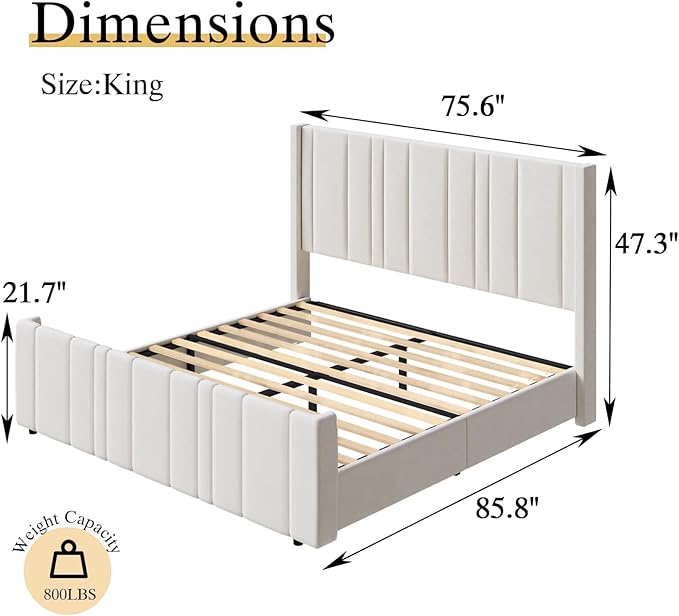 King Size Bed Frame and Headboard, Soft Velvet Upholstered Bed Frames with Vertical Channel Tufted Wingback Headboard & Footboard, Soft Bed Frame King, Noise Free, Easy Assembly, White