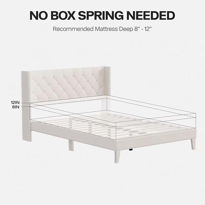 Queen Size Bed Frame with LED Lights, Upholstered Bed Frame with Wingback Diamond Tufted Headboard, Wood Slats Support, Noise-Free, Easy Assembly, No Box Spring Needed, Beige
