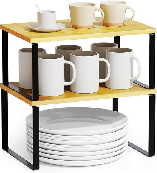 SpaceAid Cabinet Shelf Organizers 2 Pack, Kitchen Counter Rack Shelves Riser, Stackable Expandable Spice Rack, Pantry Cupboard Storage Organization (Black and Natural, Short)