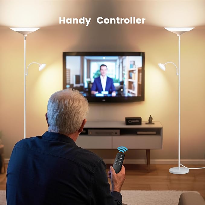 Torchiere Floor Lamp with Wood Grain Shade, 72" Dimmable LED Standing Lamp with Remote, 2-in-1 Floor Reading Lamp with Color Changing, 34W White Corner Lamp for Living Room Bedroom Office