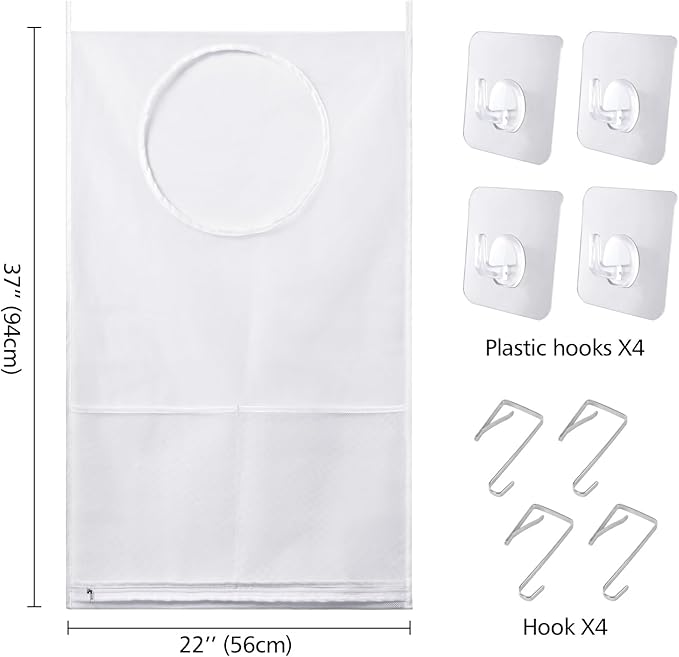 Saves Space Door-Hanging Laundry Bag,Door Hanging Laundry Hamper with 2 Different Types of Hooks, Polyester Fabric Hanging Laundry Basket for Clothes Size 22"X37" -2 Pack White
