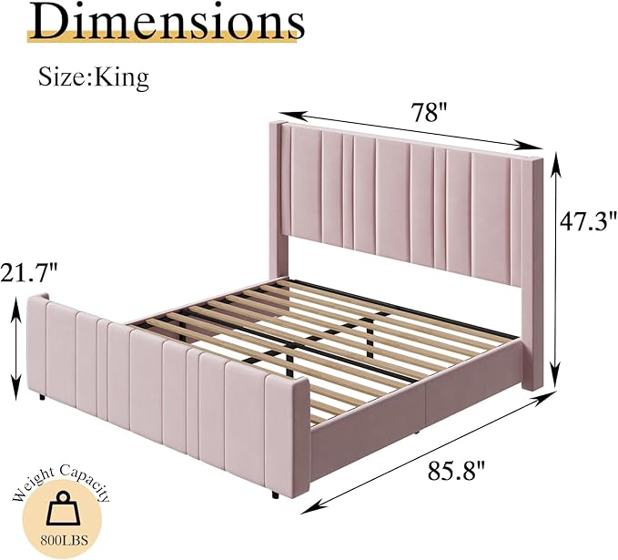 HOMBCK King Size Bed Frame and Headboard, Upholstered Bed with Vertical Channel Tufted Headboard & Footboard, Wooden Slats/Noise Free/No Box Spring Needed/Easy Assembly, Pink