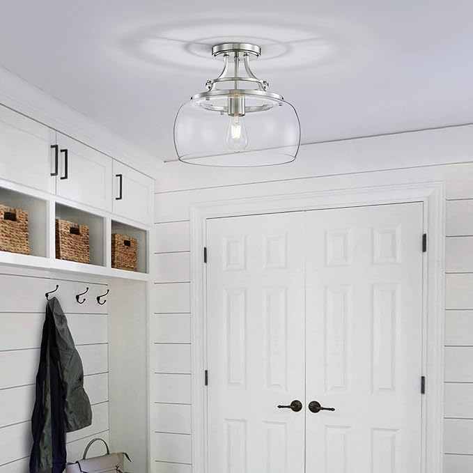 WUZUPS Chandelier Rustic Farmhouse Industrial Round Semi-flushmount Ceiling LED Light Fixture with Clear Glass Shades for Bathroom Kitchen Foyer Entryway, H 11.8" x W 13.4", E26 Base, Brushed Nickel