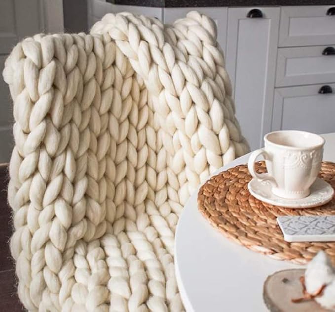 Chunky Knit Blanket Hand Made Merino Wool Throw Boho Bedroom Sofa Home Decor Giant Yarn(Ivory White 47"x71")