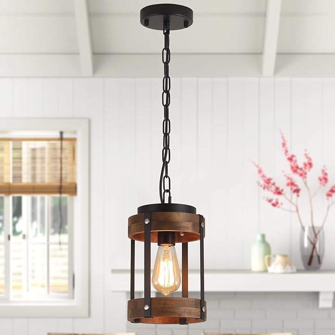 Rustic Farmhouse Wood Pendant Light Fixture One-Light Adjustable Chain Oak Wood and Metal Lantern Drum Small Pendant Lighting for Kitchen Island Sink Hallway Farmhouse Bathroom Bar, Black
