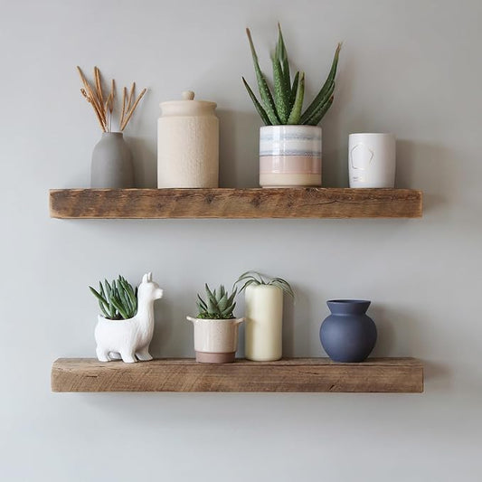 Urban Legacy Reclaimed Barnwood Planks | Floating Shelves for Wall w/Flush Mount Shelf Bracket Set Included | Set of 2 (Natural, 40"x7"x 2")