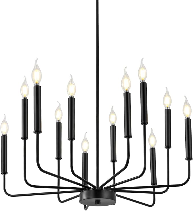 Modern Black Farmhouse Chandeliers, 12-Light Industrial Metal Chandelier Lighting, Classic Candle Hanging Pendant Light Fixtures for Living Room, Dining Room, Kitchen, Bedroom, Entryway