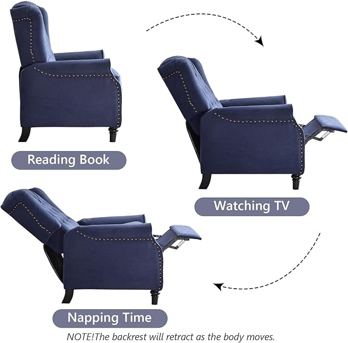 CANMOV Push Back Recliner Chair,Accent Chair, Mid Century Wingback Recliner, Fabric Push Back Recliner Chair Single Armchair Sofa with Rivet Decoration, Button-Tufted Back for Living Room,Dark Blue