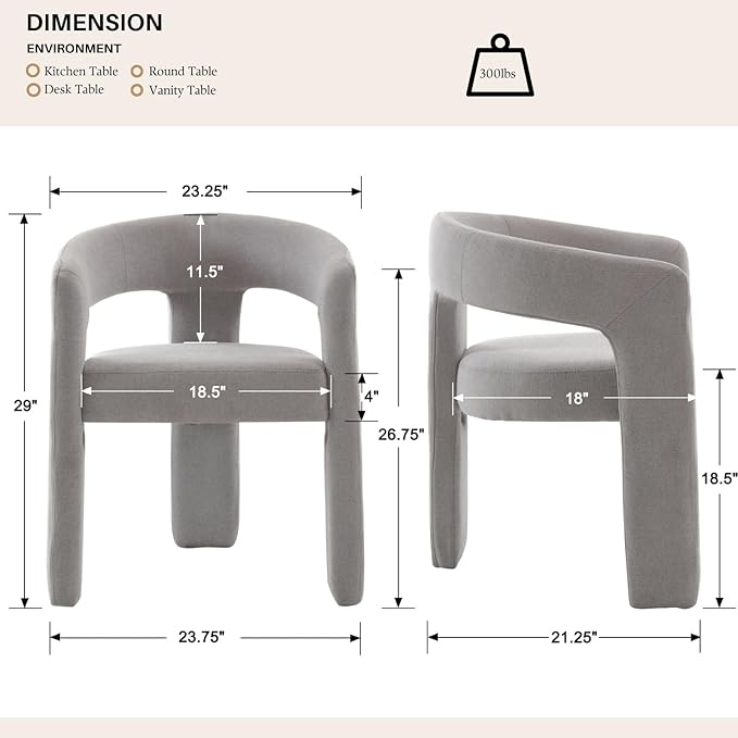 Grey Chenille Dining Chairs Set of 4, Modern Barrel Dining Room Chairs Upholstered Faux Fur Accent Chair with Arms and Round Back for Living Room Kitchen Armchair No Assembly Needed