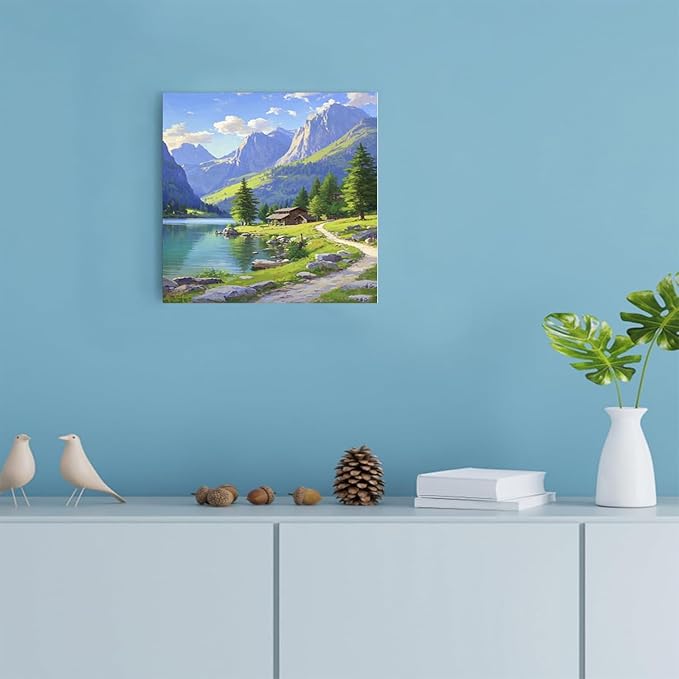 Landscape wall painting of mountain forest lakeside cabin under blue sky and white clouds natural oil painting poster suitable for living room bedroom office