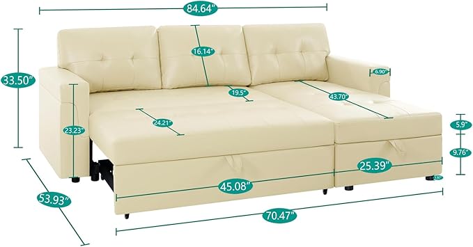 Naomi Home Transform Any Space: Sleeper Sectional Sofa with Convertible Sofa Bed & Inviting Chaise. Find Tranquil Comfort with Stress-Relieving Design & Durable Cushions - Cream/Velvet