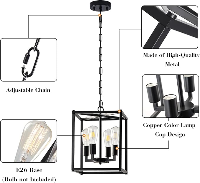 Lantern Pendant Light, 4-Light Black Chandelier,Modernized Ceiling Hanging Light Fixture for Bedroom Kitchen Island Foyer Living Room Dining Room Hallway