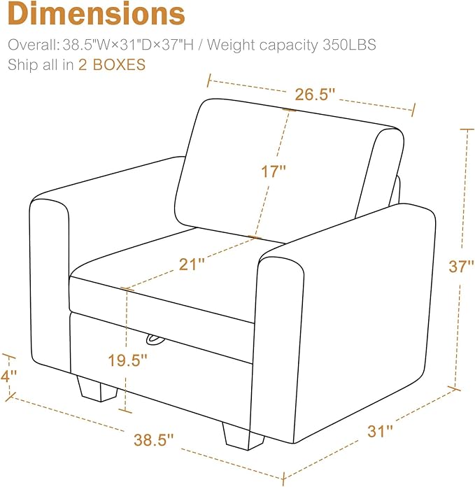 38.5 Oversized Accent Chair with Storage Beige, Single Modern Accent Sofa Chair with Arms for Apartment Living Room Linen(21" Deep Seat)