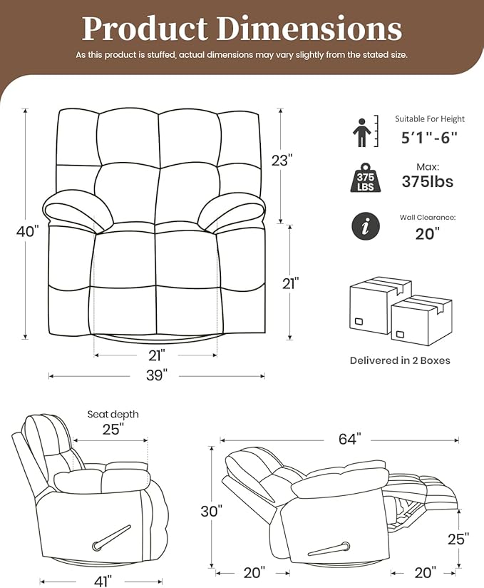 Oversized Recliner Chair Manual Swivel Rocker Recliner for Living Room Chenille Overstuffed Nursery Reclining Sofa Chair Rocking Recliners for Adults 400lbs (Manual, Brown)