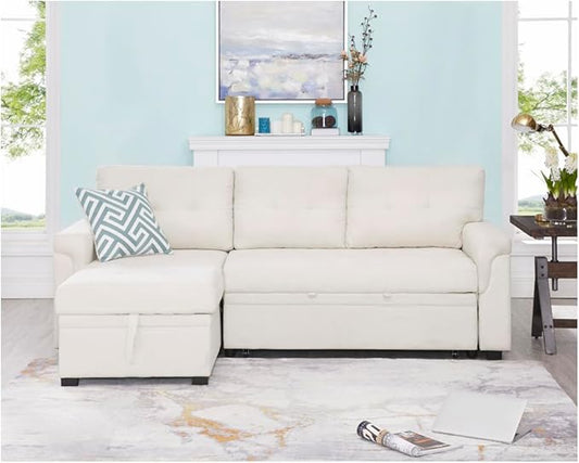 Naomi Home L-Shaped Reversible Sectional Sofa with Pull-Out Sleeper Bed and Storage Chaise, Cream Velvet