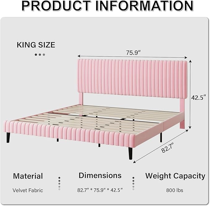 King Size Bed Frame with Headboard, Velvet Upholstered Platform Bed with Vertical Channel Tufted Design, No Box Spring Required, Easy Assembly, Pink
