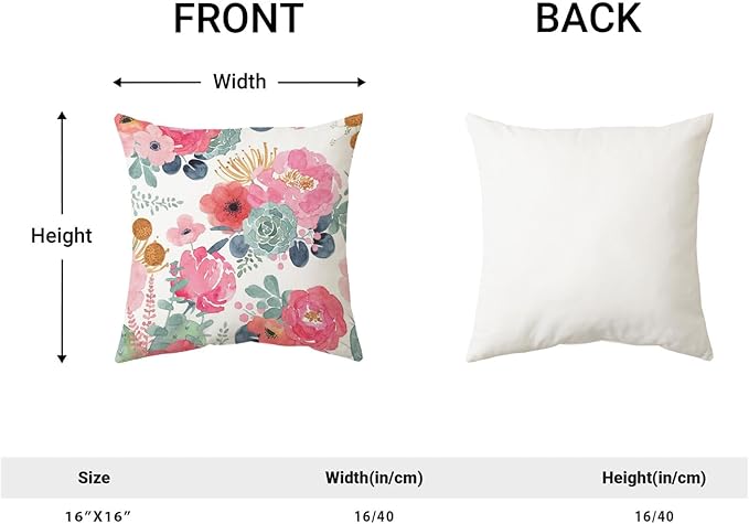 CXMEIFLY Spring Floral Pillow Covers 16 x 16 Inch Set of 2 for Watercolor Pink Flowers Decor Throw Pillows Green Leaves Plant Outdoor Decorative Cushion Cases with Zipper for Couch Bed Decorations