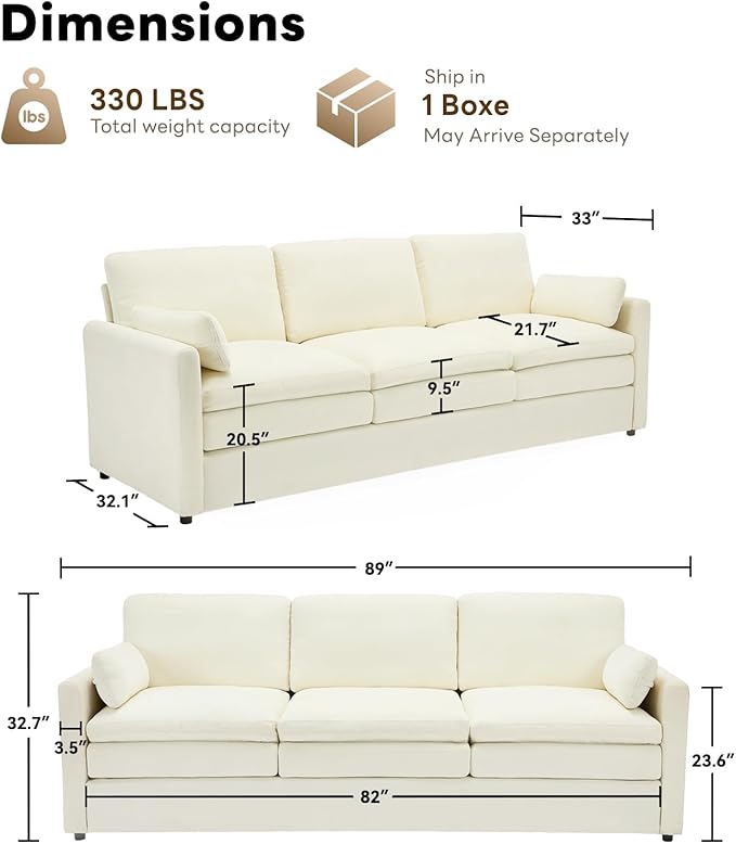 Tbfit Modern Couch Sofa, 89" Cloud Couch w/Pillows, Pocketed Spring Seat, Comfy 3-Seater Plush Foam Cushions, Chenille Fabric Removable Covers, Soft Upholstered Living Room Furniture Apartment, Beige