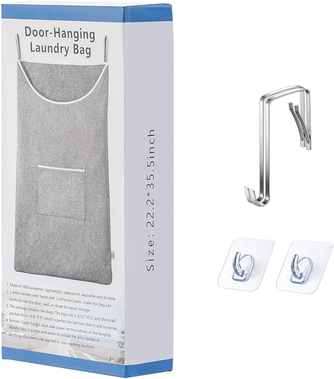 X-Large Hanging Laundry Hamper Bag, Door Hanging Hamper with Front Pocket Dirty Clothes Hanging Laundry Bag Large Size 35X22 inch Door Laundry Basket (Grey)