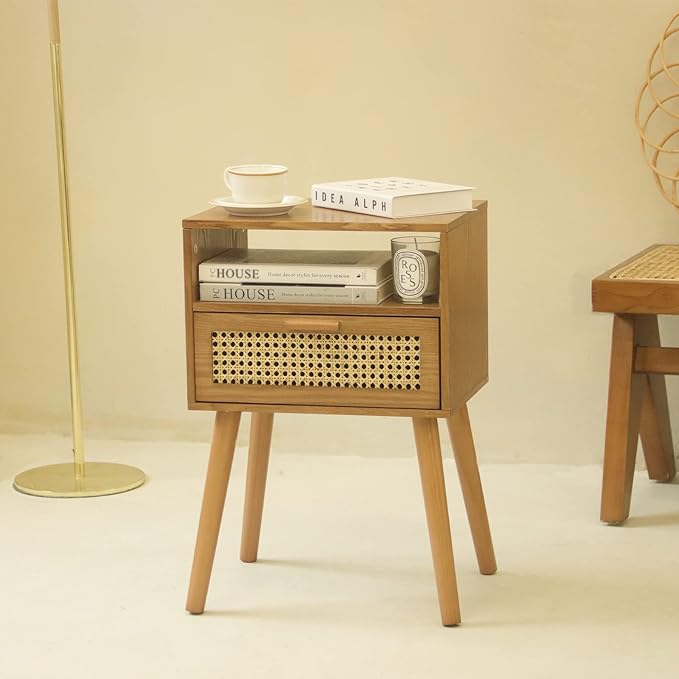 MaxSmeo Mid Century Modern Nightstand with Charging Station, Bedside Tables with Rattan Drawer, Small Wood Nightstand Side Table for Living Room,Bedroom (Brown)