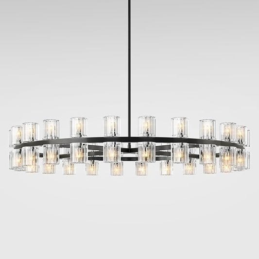 Modern 48 in Black Round Chandelier Light Fixture, Crystal Chandeliers for Dining Room, Living Room, Wagon Wheel Chandelier Over Table Chandeliers for Bedroom,Foyer,Includes 48xG4 Bulbs