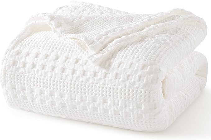 PHF 100% Cotton Waffle Weave Blanket Twin Size, Soft Lightweight Breathable Cozy Summer Blankets for Bed, Luxury Aesthetic Woven Bedding for Home Decor, 66"x90", White