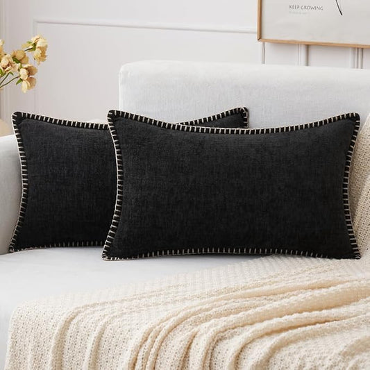 MIULEE Pack of 2 Couch Throw Pillow Covers 12x20 Inch Black Farmhouse Decorative Pillow Covers with Stitched Edge Soft Chenille Solid Dyed Spring Pillow Covers for Sofa Bed Living Room