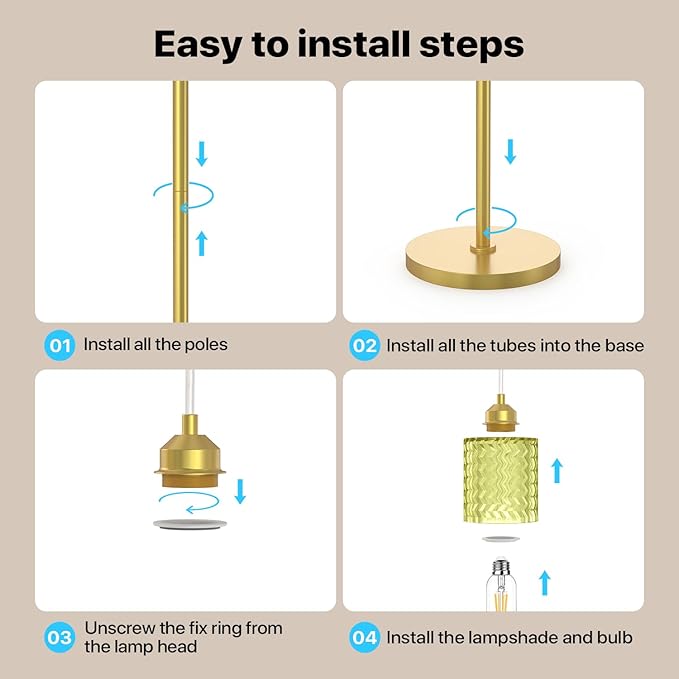 Gold Floor Lamp for Living Room, Vintage 3-Light Green Glass Standing Lamp, Brass Base Mid Century Modern, Retro Tree Design Tall Floor Lamps