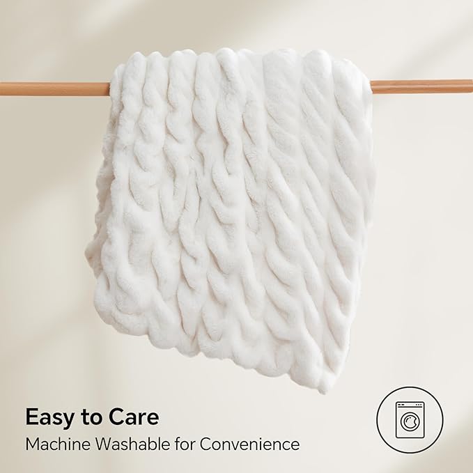 BEDELITE Faux Fur Throw Blanket for Couch, Soft and Cozy Boho Ruched Fluffy Blanket, Warm Plush Fuzzy Faux Rabbit Fur Blanket for Women Gift (Cream, 60"x 80")