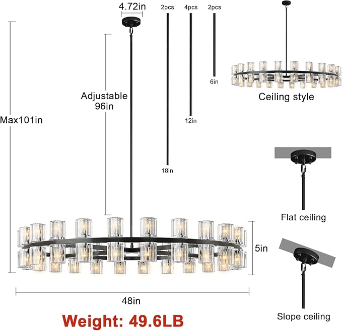 Modern 48 in Black Round Chandelier Light Fixture, Crystal Chandeliers for Dining Room, Living Room, Wagon Wheel Chandelier Over Table Chandeliers for Bedroom,Foyer,Includes 48xG4 Bulbs