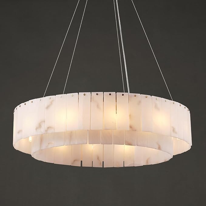 Alabaster Round Chandelier, D31in Modern Dining Room Chandeliers, Marble Pendant Lights Kitchen Island, Drum Chandelier for Dining Room Light Fixture, Living Room, Bedroom Lights, Foyer, Kitchen