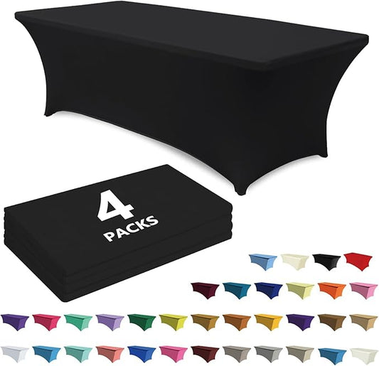 ABCCANOPY 4 Pack 4 FT Black Spandex Table Cover Stretch Fitted Wrinkle Resistant Tablecloth Reuse for Rectangular Folding Table Patry Event Wedding Banquet Protector