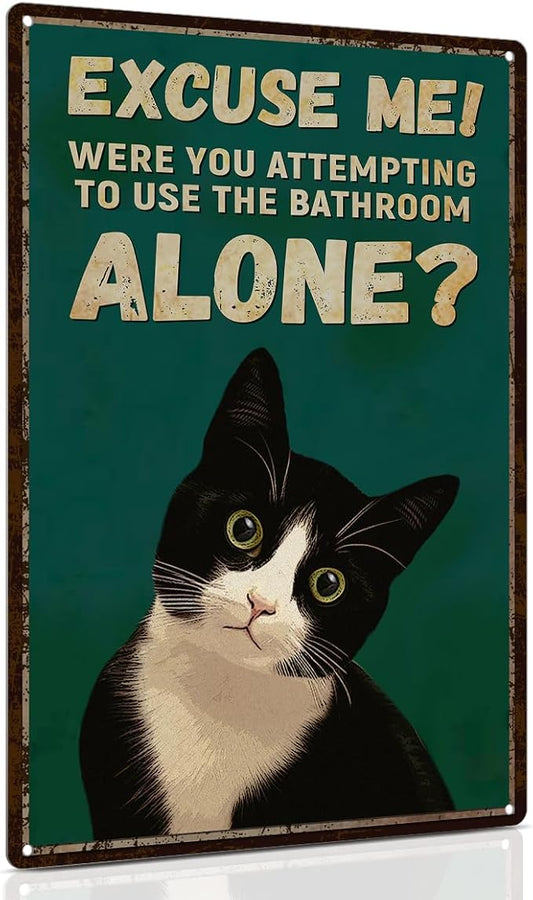 ALKB Funny Tuxedo Cat Metal Signs Black Cat Metal Poster Tuxedo Cat Lover Gift Vintage Bathroom Wall Decor 8 x 12 Inch