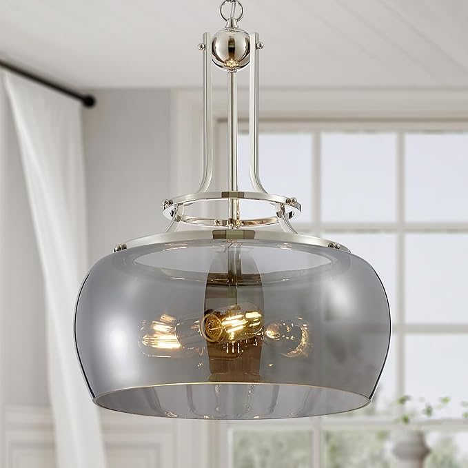 WUZUPS Nickel Chandelier Rustic Farmhouse Industrial Round Ceiling Pendant LED Light Fixture Electroplated Gray Glass Shade for Dining Room Kitchen Island Foyer Entryway, H 20.9" W 15.9", E26 Base