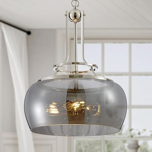 WUZUPS Nickel Chandelier Rustic Farmhouse Industrial Round Ceiling Pendant LED Light Fixture Electroplated Gray Glass Shade for Dining Room Kitchen Island Foyer Entryway, H 20.9" W 15.9", E26 Base