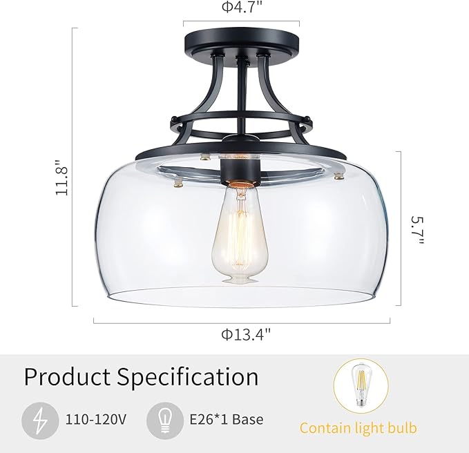 WUZUPS Chandelier Rustic Farmhouse Industrial Round Semi-flushmount Ceiling LED Light Fixture with Clear Glass Shades for Bathroom Kitchen Foyer Entryway, H 11.8" x W 13.4", E26 Base, Black