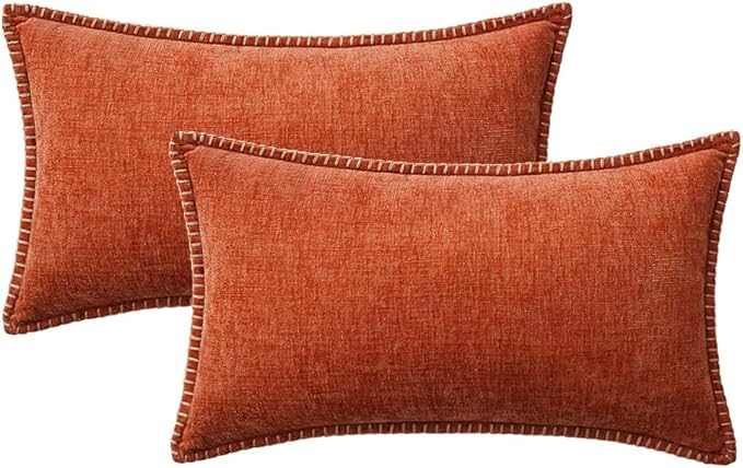 MIULEE Pack of 2 Fall Couch Throw Pillow Covers 12x20 Inch Rust Farmhouse Decorative Pillow Covers with Stitched Edge Soft Chenille Solid Dyed Pillow Covers for Sofa Bed Living Room