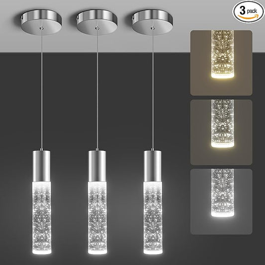 OKELI Modern Pendant Lights,3 Color LED Bubble Crystal Island Light Fixtures,Chrome Mini Pendant Lighting for Kitchen Island,Bar,6W,3000-6000K,ETL,3 Pack
